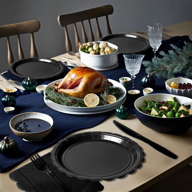 Alt view image 7 of 7 - 175 Pcs Black Paper Plates and Napkins Party Supplies | 7 and 9 Inch Scalloped Paper Plates, Napkins, Cups and Cutlery for 25 Guests; Halloween, New Year's Eve and Birthdays