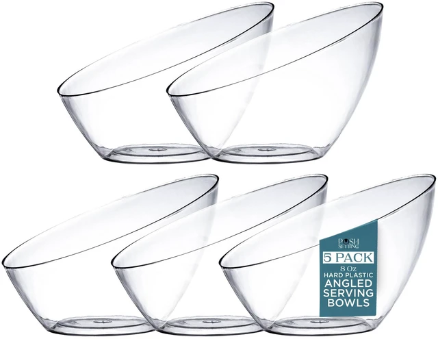 Main image of 5 Pack Clear Angled Plastic Serving Bowls Disposable for Party Table 8oz | Angled Bowl Design. Chip, Candy, Salad & Fruit Use. Disposable Party Tableware. Buffet & Wedding Serving. Clear Plastic.
