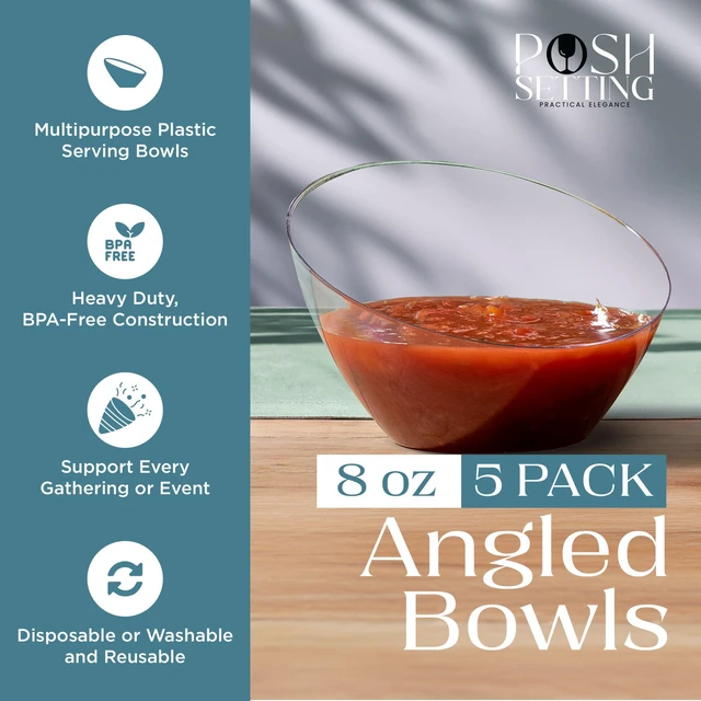 Alt view image 2 of 7 - 5 Pack Clear Angled Plastic Serving Bowls Disposable for Party Table 8oz | Angled Bowl Design. Chip, Candy, Salad & Fruit Use. Disposable Party Tableware. Buffet & Wedding Serving. Clear Plastic.