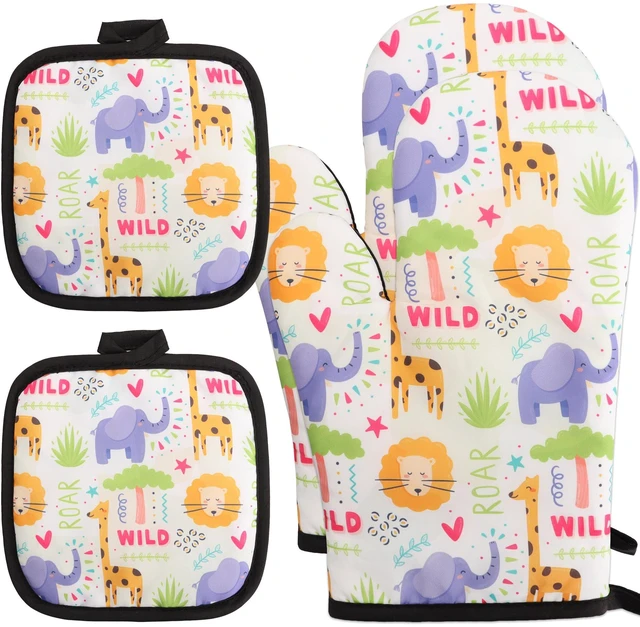 Main image of 4PCS Animals Oven Mitts and Potholders Set, Jungle Animals Oven Mitt Pot Holders Animal Potholders Heat Resistant Non-Slip Cooking Gloves for Birthday Grilling Baking Party Favors