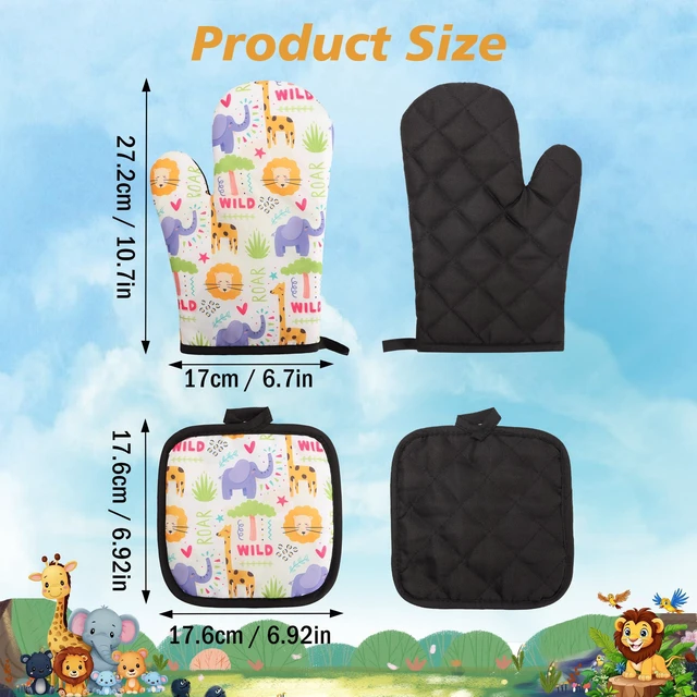 Alt view image 2 of 7 - 4PCS Animals Oven Mitts and Potholders Set, Jungle Animals Oven Mitt Pot Holders Animal Potholders Heat Resistant Non-Slip Cooking Gloves for Birthday Grilling Baking Party Favors