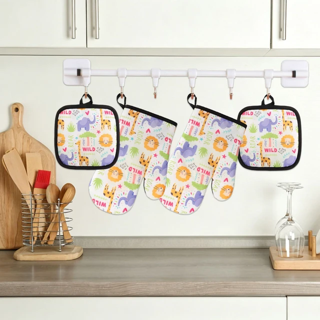 Alt view image 7 of 7 - 4PCS Animals Oven Mitts and Potholders Set, Jungle Animals Oven Mitt Pot Holders Animal Potholders Heat Resistant Non-Slip Cooking Gloves for Birthday Grilling Baking Party Favors
