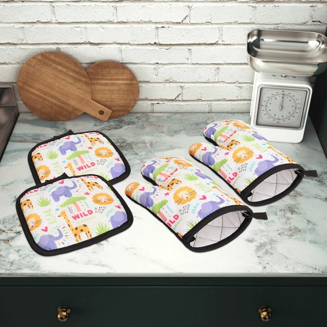 Alt view image 6 of 7 - 4PCS Animals Oven Mitts and Potholders Set, Jungle Animals Oven Mitt Pot Holders Animal Potholders Heat Resistant Non-Slip Cooking Gloves for Birthday Grilling Baking Party Favors