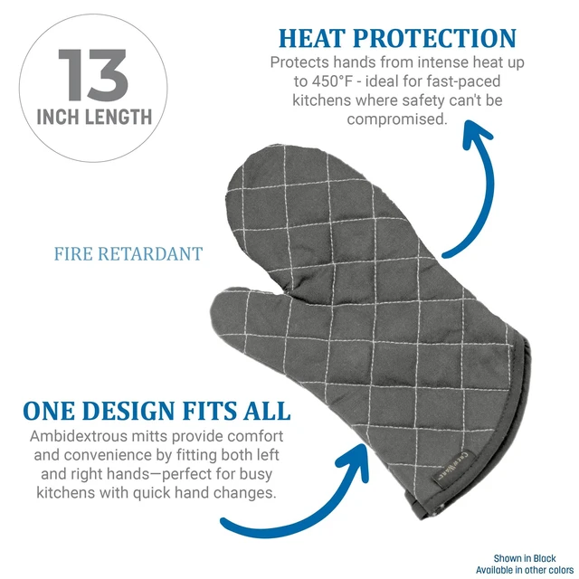 Alt view image 2 of 4 - Oven Mitts, San Jamar BestGuard, Professional Grade, 13", Pair, Black | Temperature safe up to 450°F for 15 seconds with Kevlar WebGuard, fire-retardant build, steam insulation and angled cuff