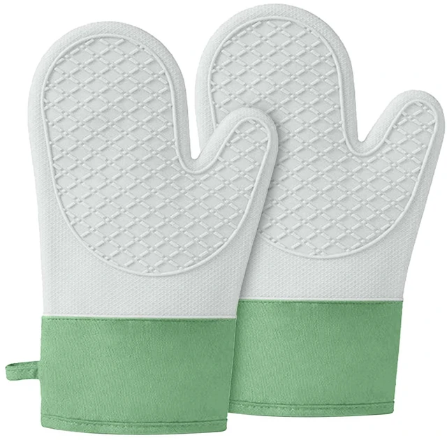Main image of Silicone Oven MittsHeat Resistant up to 500°F, Oven Gloves with Soft Lining, Non-Slip Kitchen Essentials, Kitchen Gadgets, Apartment Essentials, Great Gift for Cooking (Grey&green-1pair)