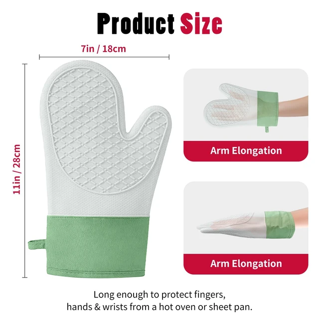 Alt view image 2 of 7 - Silicone Oven MittsHeat Resistant up to 500°F, Oven Gloves with Soft Lining, Non-Slip Kitchen Essentials, Kitchen Gadgets, Apartment Essentials, Great Gift for Cooking (Grey&green-1pair)