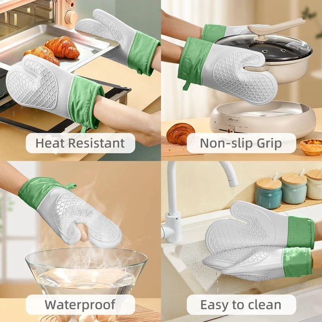 Alt view image 5 of 7 - Silicone Oven MittsHeat Resistant up to 500°F, Oven Gloves with Soft Lining, Non-Slip Kitchen Essentials, Kitchen Gadgets, Apartment Essentials, Great Gift for Cooking (Grey&green-1pair)
