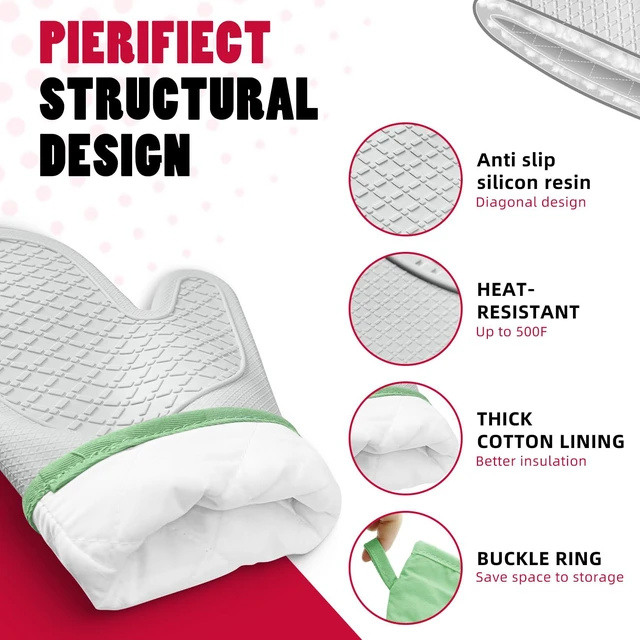 Alt view image 3 of 7 - Silicone Oven MittsHeat Resistant up to 500°F, Oven Gloves with Soft Lining, Non-Slip Kitchen Essentials, Kitchen Gadgets, Apartment Essentials, Great Gift for Cooking (Grey&green-1pair)