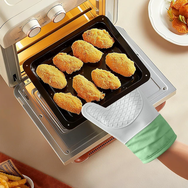 Alt view image 7 of 7 - Silicone Oven MittsHeat Resistant up to 500°F, Oven Gloves with Soft Lining, Non-Slip Kitchen Essentials, Kitchen Gadgets, Apartment Essentials, Great Gift for Cooking (Grey&green-1pair)