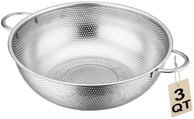 Main image of Stainless Steel Colander, 3-Quart Micro-Perforated Metal Colander Strainer with Handle for Kitchen/Draining Pasta/Rinsing Vegetables Fruits,Dishwasher Safe - 8.8 Inches