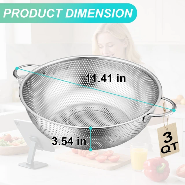 Alt view image 2 of 7 - Stainless Steel Colander, 3-Quart Micro-Perforated Metal Colander Strainer with Handle for Kitchen/Draining Pasta/Rinsing Vegetables Fruits,Dishwasher Safe - 8.8 Inches