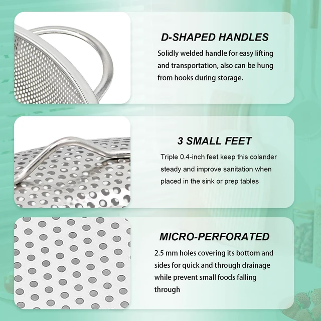 Alt view image 3 of 7 - Stainless Steel Colander, 3-Quart Micro-Perforated Metal Colander Strainer with Handle for Kitchen/Draining Pasta/Rinsing Vegetables Fruits,Dishwasher Safe - 8.8 Inches
