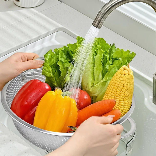 Alt view image 7 of 7 - Stainless Steel Colander, 3-Quart Micro-Perforated Metal Colander Strainer with Handle for Kitchen/Draining Pasta/Rinsing Vegetables Fruits,Dishwasher Safe - 8.8 Inches