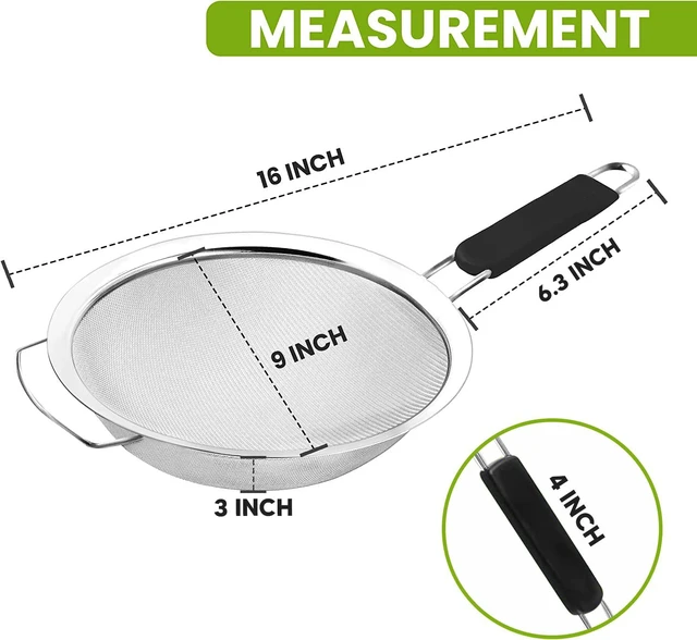 Alt view image 6 of 7 - 9" Large Fine Mesh Strainer with Thermo Plastic Rubber Handle - Sieve Fine Mesh Stainless Steel - Ideal Kitchen Essential to Strain Pasta, Quinoa and Rice