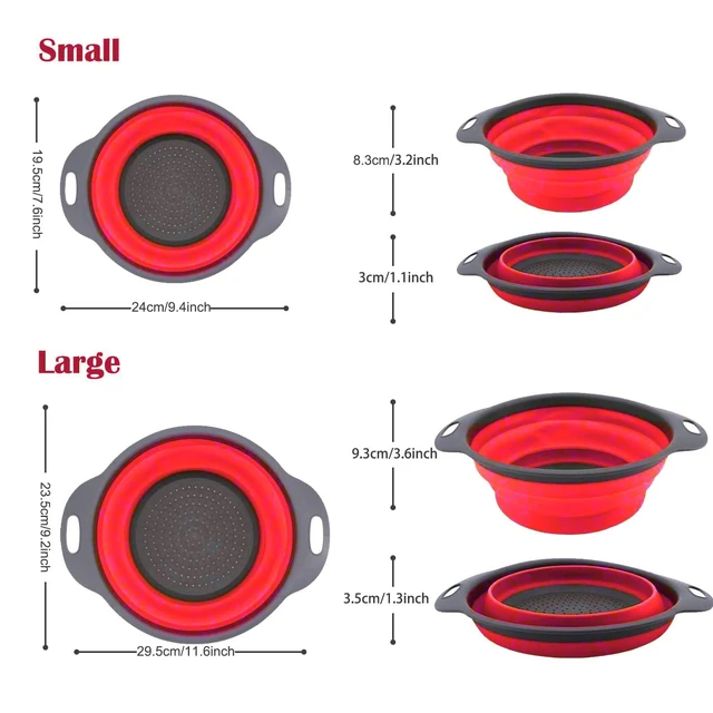 Alt view image 2 of 7 - Collapsible Colander, Set of 2 Pcs Collapsible Strainer, Space-Saving Kitchen, Food-Grade Silicone Folding Strainer Colander with Handle, Red