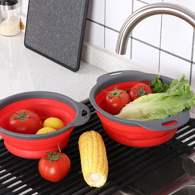 Alt view image 4 of 7 - Collapsible Colander, Set of 2 Pcs Collapsible Strainer, Space-Saving Kitchen, Food-Grade Silicone Folding Strainer Colander with Handle, Red