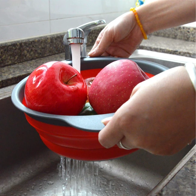 Alt view image 5 of 7 - Collapsible Colander, Set of 2 Pcs Collapsible Strainer, Space-Saving Kitchen, Food-Grade Silicone Folding Strainer Colander with Handle, Red