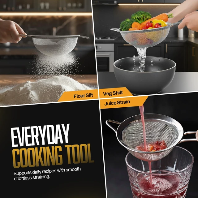 Alt view image 2 of 7 - Premium Stainless Steel Fine Mesh Strainers for Kitchen 3-Piece Set with Non-Slip Handle, Small, Medium & Large Sieves, Colanders and Sifter for Sifting, Straining, Pastas Tea, Rice Vegetables