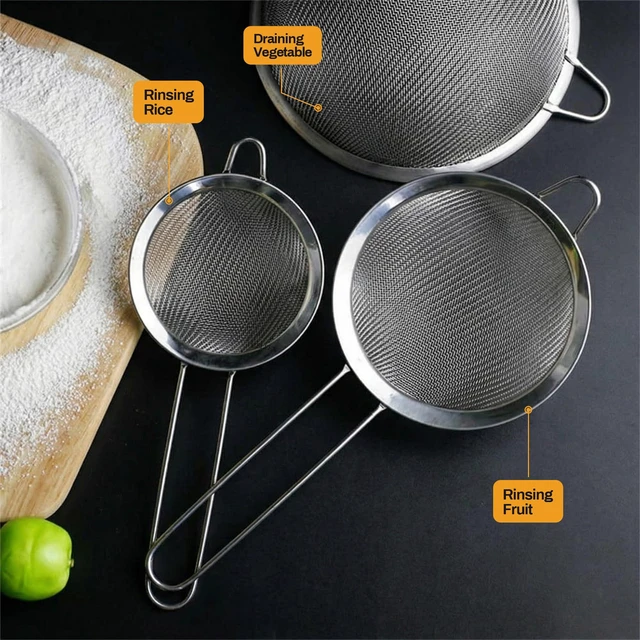 Alt view image 4 of 7 - Premium Stainless Steel Fine Mesh Strainers for Kitchen 3-Piece Set with Non-Slip Handle, Small, Medium & Large Sieves, Colanders and Sifter for Sifting, Straining, Pastas Tea, Rice Vegetables