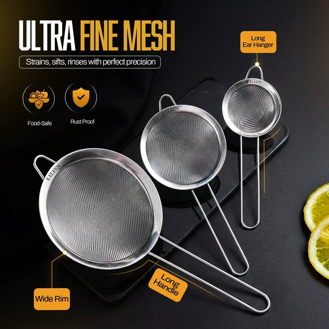 Alt view image 5 of 7 - Premium Stainless Steel Fine Mesh Strainers for Kitchen 3-Piece Set with Non-Slip Handle, Small, Medium & Large Sieves, Colanders and Sifter for Sifting, Straining, Pastas Tea, Rice Vegetables