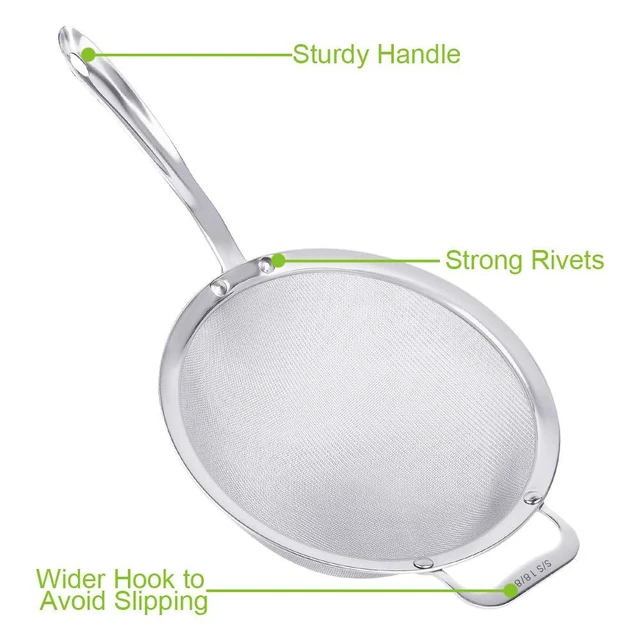 Alt view image 4 of 6 - 9" Large Mesh Strainer, Stainless Steel 18/8 Extra Fine Quinoa Sieve, with Solid Sturdy Handle, Flour Filter with Wider Hook