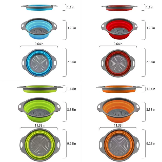 Alt view image 2 of 7 - Collapsible Colander and Strainer Set of 4, 2 PC 4 Quart(1 gal) and 2 PC 2 Quart(0.5 gal), Food-grade Sturdy Plastic Base - Round Space-save Silicone Kitchen Foldable Strainer for Pasta, Veggies