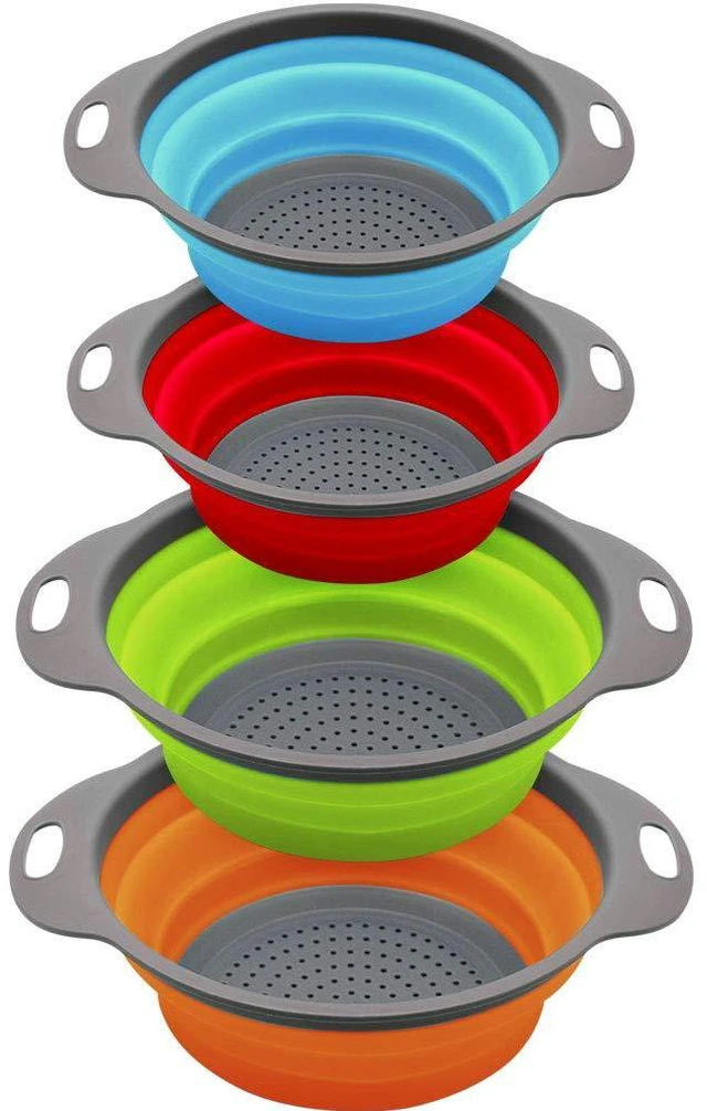 Main image of Collapsible Colander and Strainer Set of 4, 2 PC 4 Quart(1 gal) and 2 PC 2 Quart(0.5 gal), Food-grade Sturdy Plastic Base - Round Space-save Silicone Kitchen Foldable Strainer for Pasta, Veggies