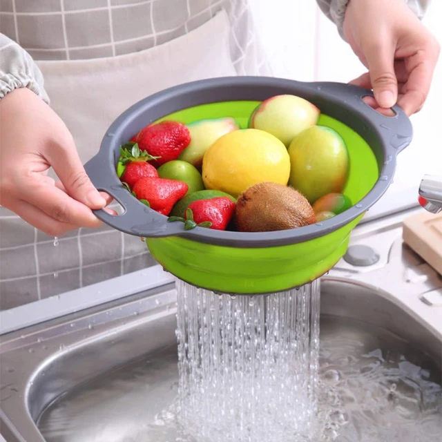 Alt view image 3 of 7 - Collapsible Colander and Strainer Set of 4, 2 PC 4 Quart(1 gal) and 2 PC 2 Quart(0.5 gal), Food-grade Sturdy Plastic Base - Round Space-save Silicone Kitchen Foldable Strainer for Pasta, Veggies