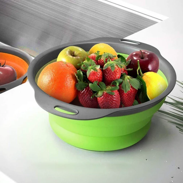 Alt view image 4 of 7 - Collapsible Colander and Strainer Set of 4, 2 PC 4 Quart(1 gal) and 2 PC 2 Quart(0.5 gal), Food-grade Sturdy Plastic Base - Round Space-save Silicone Kitchen Foldable Strainer for Pasta, Veggies