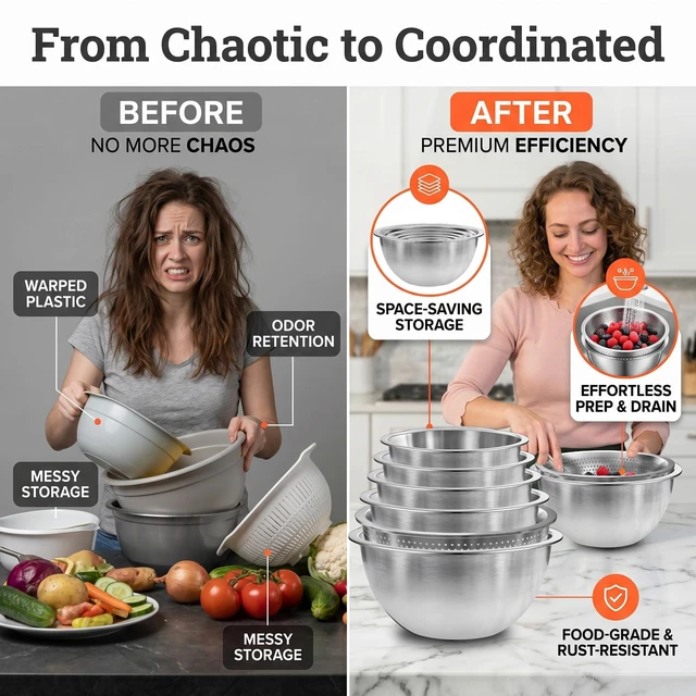 Alt view image 6 of 7 - Stainless Steel Mixing Bowls with Colander, Home Kitchen Essentials Gadgets | Kitchen Gadgets Set incl. 5 Nesting Metal Mixing Bowls with 1 Strainer for Salad, Prep, Serving, Food Storage & Cooking