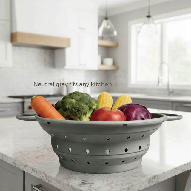 Alt view image 5 of 7 - 2Quart Silicone Collapsible Colander & Kitchen Collapsible Strainer | Reinforced metal handle, tempresistant 40°F428°F. Collapses to 0.6in height, ideal for RVs, studio apartments & dorms