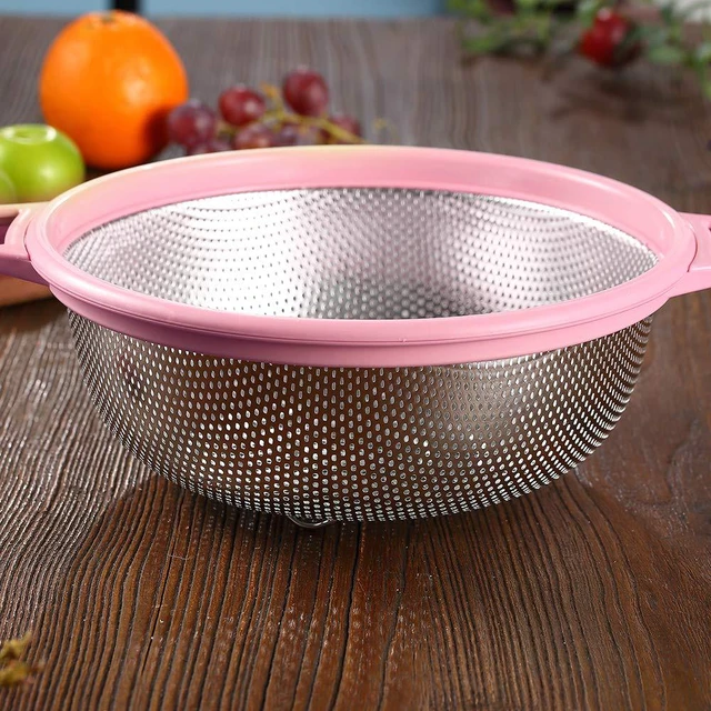 Alt view image 2 of 7 - Stainless Steel Colander With Handle and Legs, Large Metal Pink Strainer for Pasta, Spaghetti, Berry, Veggies, Fruits, Noodles, Salads, 5-quart 10.5 Kitchen Mesh Colander, Dishwasher Safe