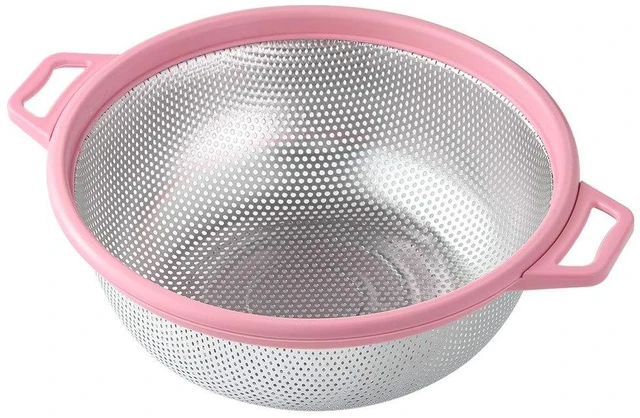 Main image of Stainless Steel Colander With Handle and Legs, Large Metal Pink Strainer for Pasta, Spaghetti, Berry, Veggies, Fruits, Noodles, Salads, 5-quart 10.5 Kitchen Mesh Colander, Dishwasher Safe