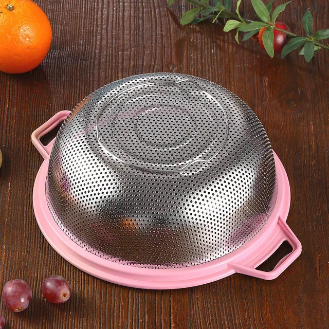 Alt view image 4 of 7 - Stainless Steel Colander With Handle and Legs, Large Metal Pink Strainer for Pasta, Spaghetti, Berry, Veggies, Fruits, Noodles, Salads, 5-quart 10.5 Kitchen Mesh Colander, Dishwasher Safe