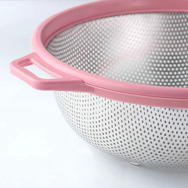 Alt view image 6 of 7 - Stainless Steel Colander With Handle and Legs, Large Metal Pink Strainer for Pasta, Spaghetti, Berry, Veggies, Fruits, Noodles, Salads, 5-quart 10.5 Kitchen Mesh Colander, Dishwasher Safe