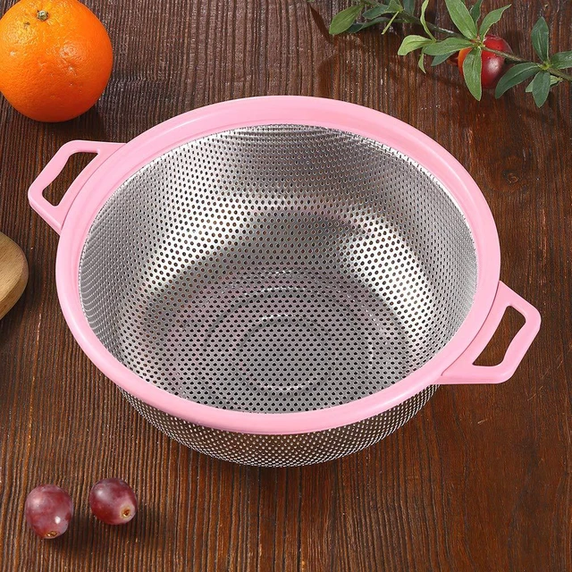 Alt view image 7 of 7 - Stainless Steel Colander With Handle and Legs, Large Metal Pink Strainer for Pasta, Spaghetti, Berry, Veggies, Fruits, Noodles, Salads, 5-quart 10.5 Kitchen Mesh Colander, Dishwasher Safe