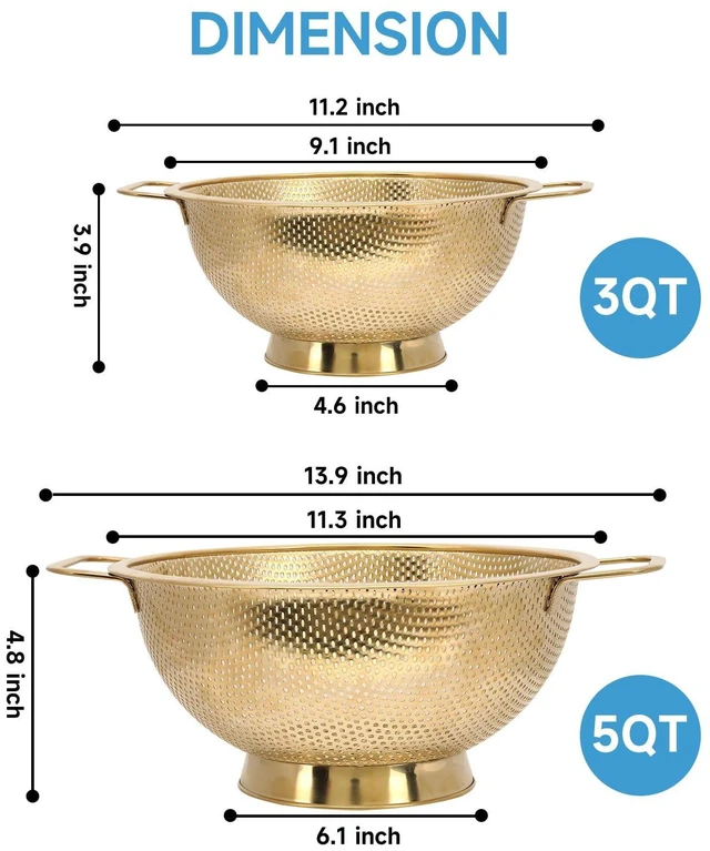 Alt view image 3 of 7 - Gold Strainer for Kitchen, 3QT, Stainless Steel Colander with Handle for Fruits Vegetables Cooking Food, Dishwasher Safe