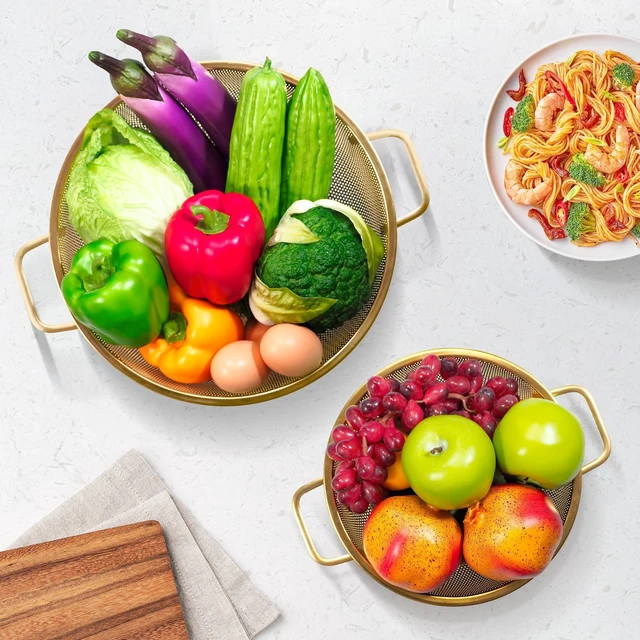 Alt view image 2 of 7 - Gold Strainer for Kitchen, 3QT, Stainless Steel Colander with Handle for Fruits Vegetables Cooking Food, Dishwasher Safe