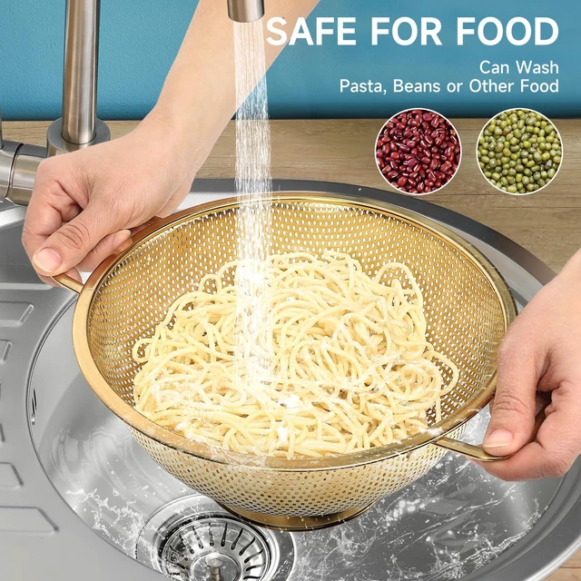 Alt view image 4 of 7 - Gold Strainer for Kitchen, 3QT, Stainless Steel Colander with Handle for Fruits Vegetables Cooking Food, Dishwasher Safe
