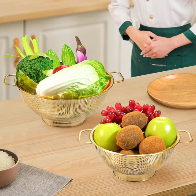 Alt view image 6 of 7 - Gold Strainer for Kitchen, 3QT, Stainless Steel Colander with Handle for Fruits Vegetables Cooking Food, Dishwasher Safe