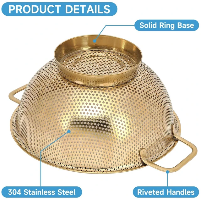 Alt view image 5 of 7 - Gold Strainer for Kitchen, 3QT, Stainless Steel Colander with Handle for Fruits Vegetables Cooking Food, Dishwasher Safe