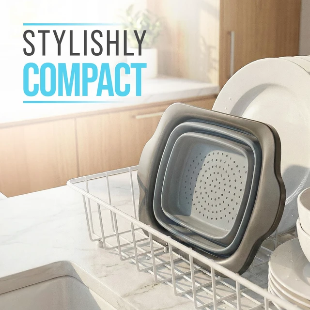 Alt view image 2 of 7 - Gray Collapsible Silicone Over-Sink Colander 6 Qt Extendable | Gray; silicone; 17.1"L x 10.1"W; collapses to 1.4"H; 6 Qt; handles extend 25" to span sink; heat resistant 176F