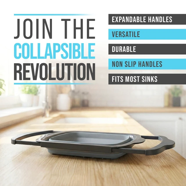 Alt view image 3 of 7 - Gray Collapsible Silicone Over-Sink Colander 6 Qt Extendable | Gray; silicone; 17.1"L x 10.1"W; collapses to 1.4"H; 6 Qt; handles extend 25" to span sink; heat resistant 176F