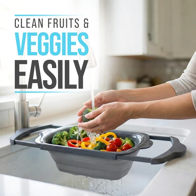 Alt view image 5 of 7 - Gray Collapsible Silicone Over-Sink Colander 6 Qt Extendable | Gray; silicone; 17.1"L x 10.1"W; collapses to 1.4"H; 6 Qt; handles extend 25" to span sink; heat resistant 176F