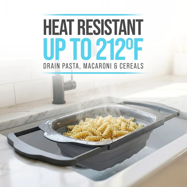 Alt view image 7 of 7 - Gray Collapsible Silicone Over-Sink Colander 6 Qt Extendable | Gray; silicone; 17.1"L x 10.1"W; collapses to 1.4"H; 6 Qt; handles extend 25" to span sink; heat resistant 176F