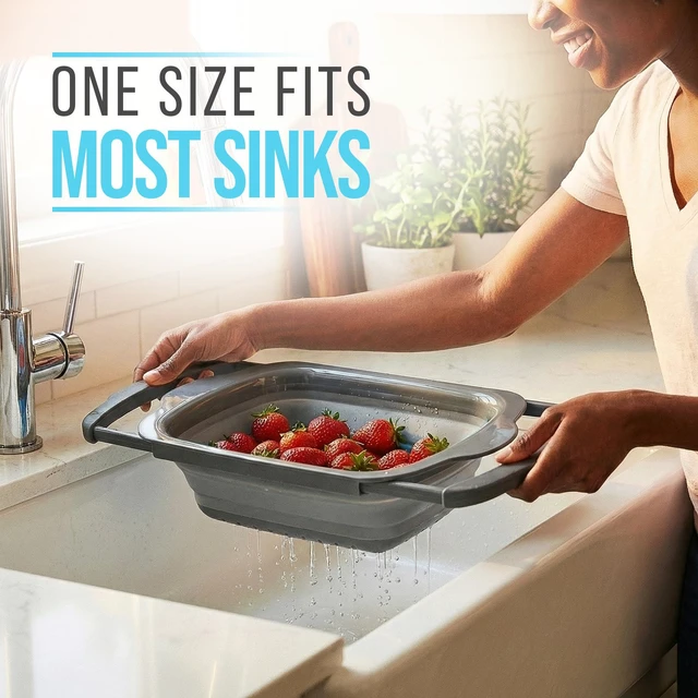 Alt view image 6 of 7 - Gray Collapsible Silicone Over-Sink Colander 6 Qt Extendable | Gray; silicone; 17.1"L x 10.1"W; collapses to 1.4"H; 6 Qt; handles extend 25" to span sink; heat resistant 176F
