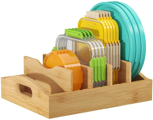 Main image of Bamboo Lid Organizers for Inside Cabinet with 5 Sections | Food Container Lid Holder with 4 Adjustable Inserts, Kitchen Pantry organizer and storage, 10.6" X 8.3", Natural