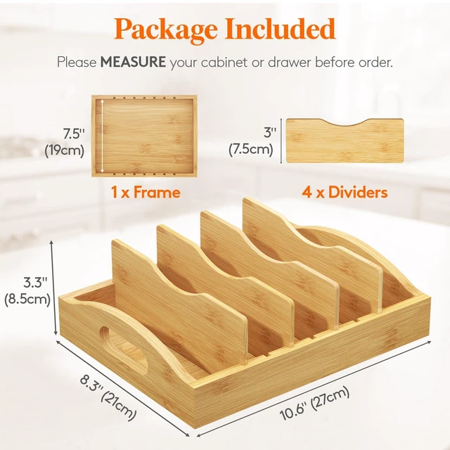 Alt view image 2 of 7 - Bamboo Lid Organizers for Inside Cabinet with 5 Sections | Food Container Lid Holder with 4 Adjustable Inserts, Kitchen Pantry organizer and storage, 10.6" X 8.3", Natural