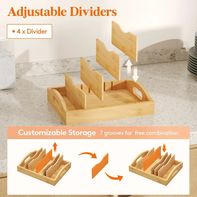 Alt view image 3 of 7 - Bamboo Lid Organizers for Inside Cabinet with 5 Sections | Food Container Lid Holder with 4 Adjustable Inserts, Kitchen Pantry organizer and storage, 10.6" X 8.3", Natural