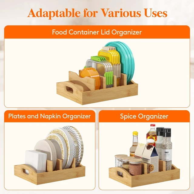 Alt view image 5 of 7 - Bamboo Lid Organizers for Inside Cabinet with 5 Sections | Food Container Lid Holder with 4 Adjustable Inserts, Kitchen Pantry organizer and storage, 10.6" X 8.3", Natural